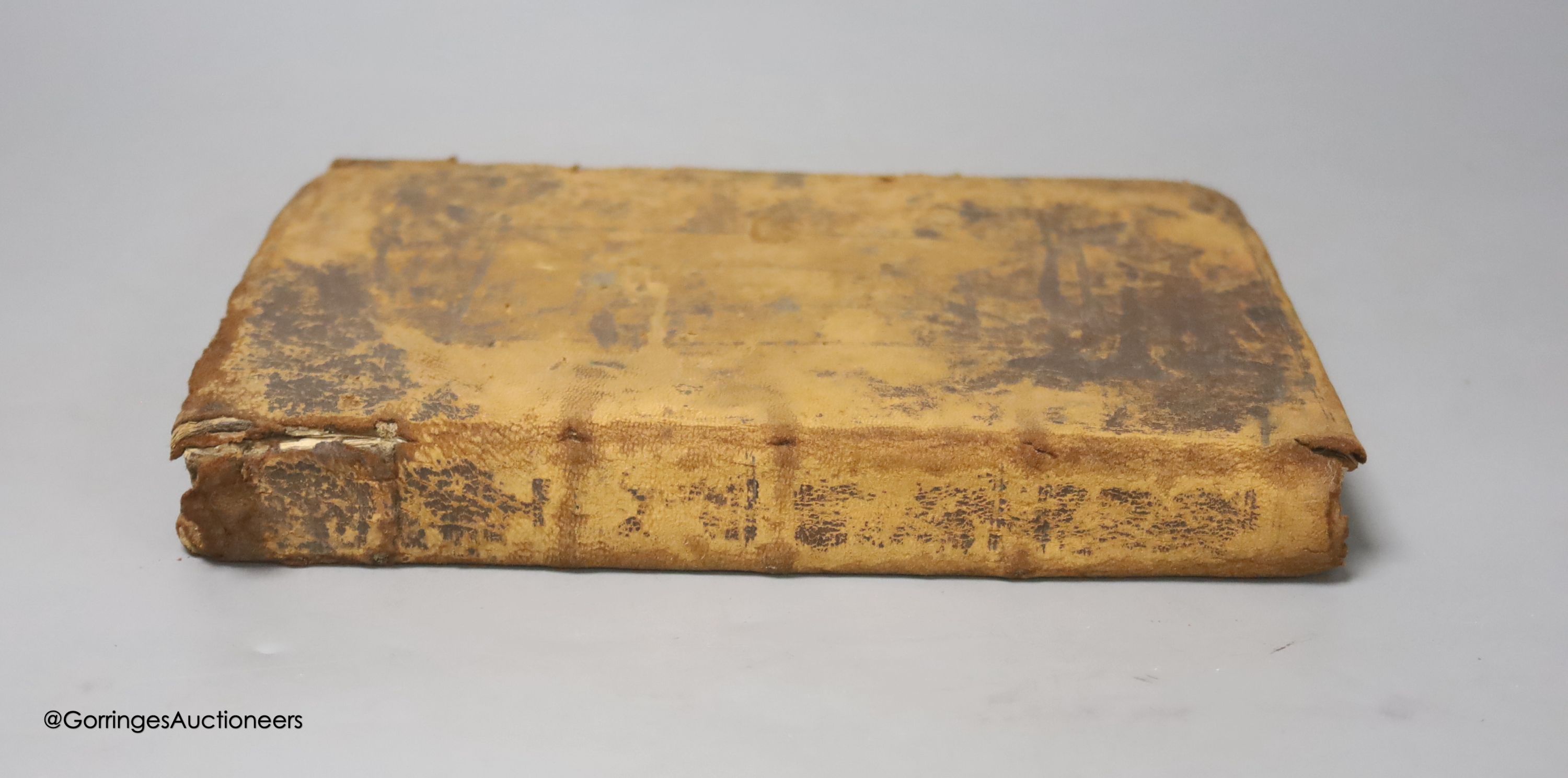 A leather bound volume of 17th / 18th century pamphlets, including a 1706 book on The Funeral Sermon of the late Mr Francis G......